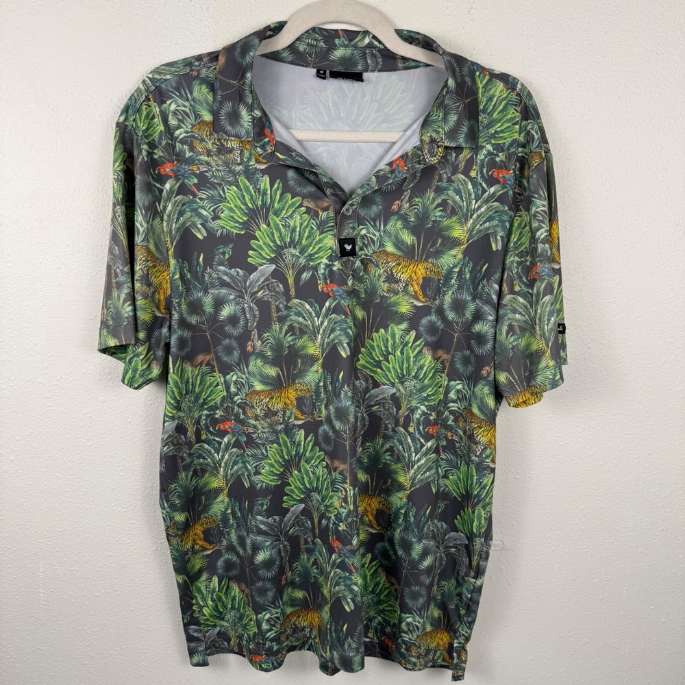 Bad Birdie Men Jungle Tiger Tropical Golf Polo Shirt‎ Gray Green Size Medium